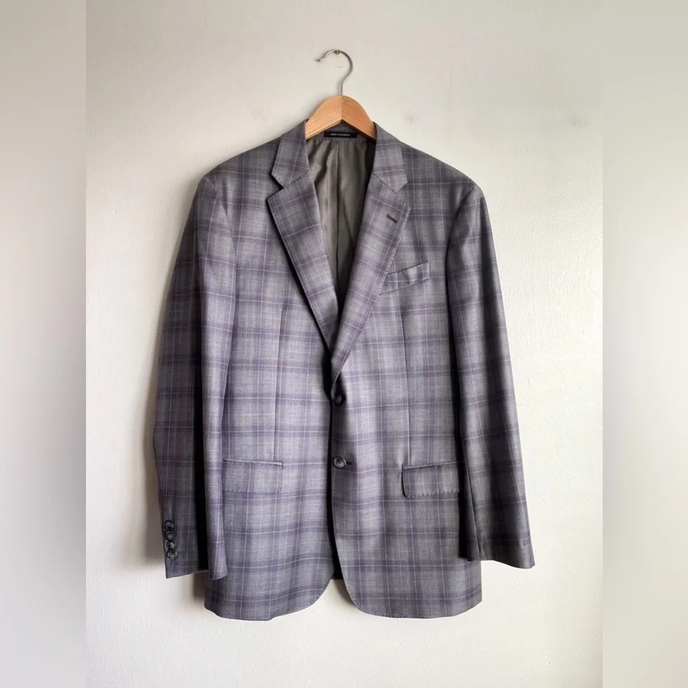 Emporio Armani GLine Virgin Wool Gray Plum Check Pane Plaid Sport Coat Blazer 54